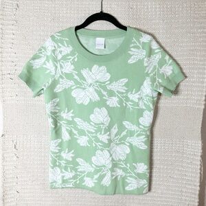 MADELEINE green and white floral short sleeve sweater S